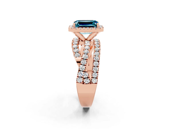 Rose gold Emerald Cut Blue Topaz Halo Ring with Round Split Shank and Prong Setting