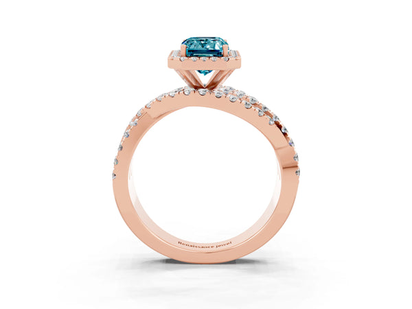 Rose gold Emerald Cut Blue Topaz Halo Ring with Round Split Shank and Prong Setting