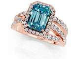Rose gold Emerald Cut Blue Topaz Halo Ring with Round Split Shank and Prong Setting_49