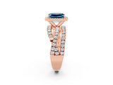 Rose gold Emerald Cut Blue Topaz Halo Ring with Round Split Shank and Prong Setting_50