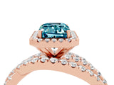 Rose gold Emerald Cut Blue Topaz Halo Ring with Round Split Shank and Prong Setting_52