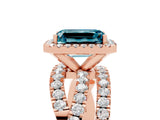 Rose gold Emerald Cut Blue Topaz Halo Ring with Round Split Shank and Prong Setting_53