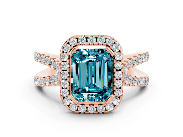 Rose gold Emerald Cut Blue Topaz Halo Ring with Split Shank Pavé Band and Prong Setting
