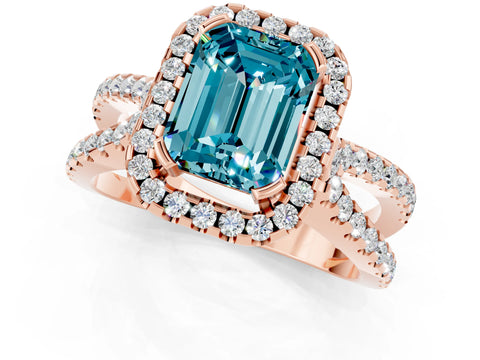 Rose gold Emerald Cut Blue Topaz Halo Ring with Split Shank Pavé Band and Prong Setting_1