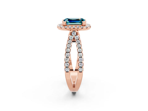 Rose gold Emerald Cut Blue Topaz Halo Ring with Split Shank Pavé Band and Prong Setting_2
