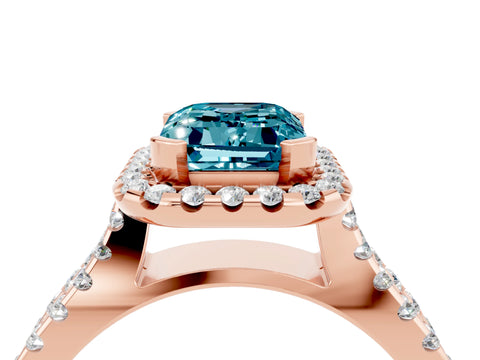 Rose gold Emerald Cut Blue Topaz Halo Ring with Split Shank Pavé Band and Prong Setting_4