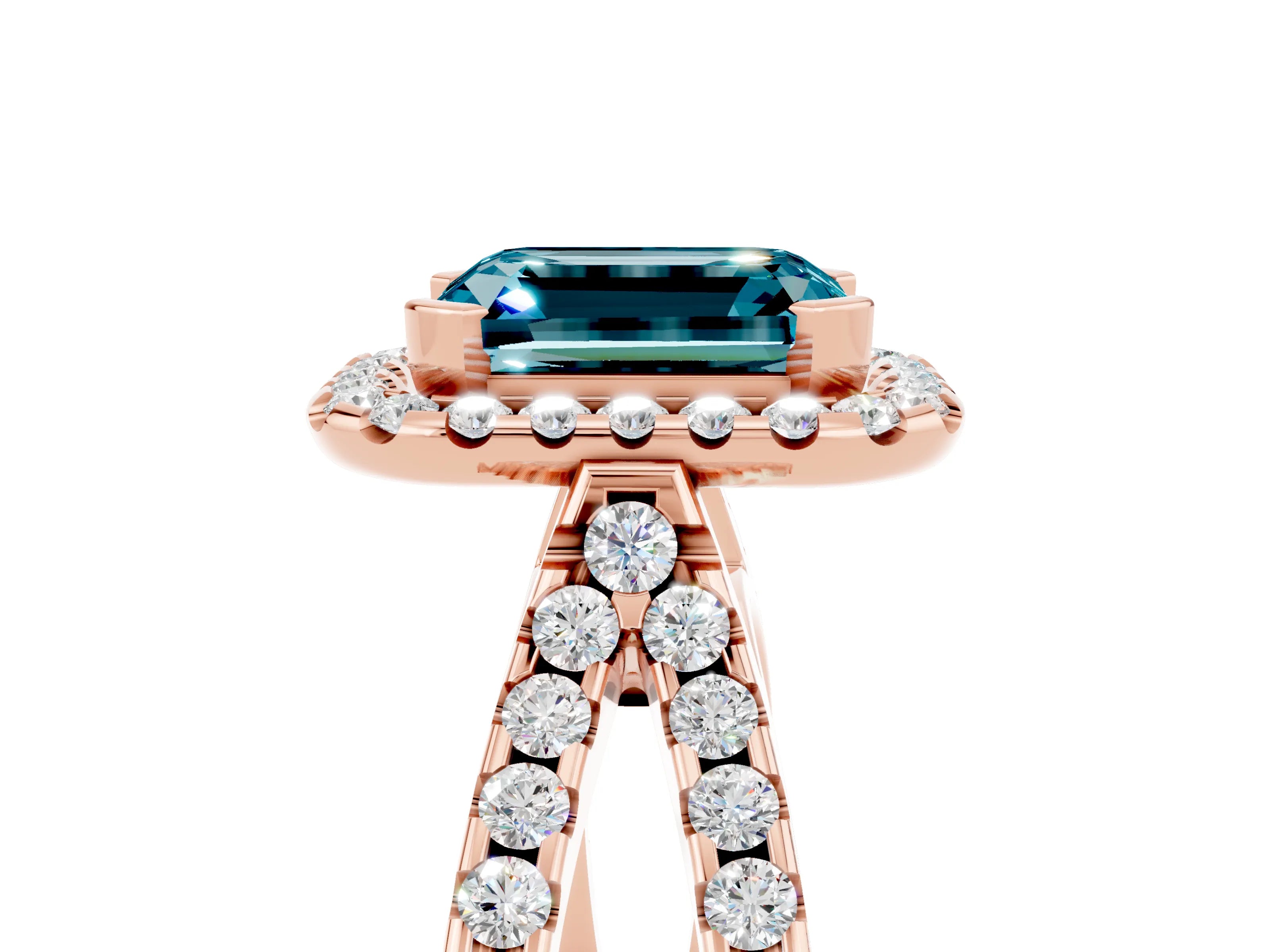 Rose gold Emerald Cut Blue Topaz Halo Ring with Split Shank Pavé Band and Prong Setting_5