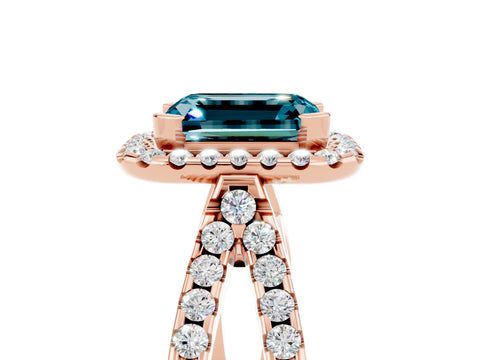Rose gold Emerald Cut Blue Topaz Halo Ring with Split Shank Pavé Band and Prong Setting_5