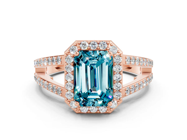 Rose gold Emerald Cut Blue Topaz Halo Ring with Split Shank U-Prong Band and Four-Prong Setting