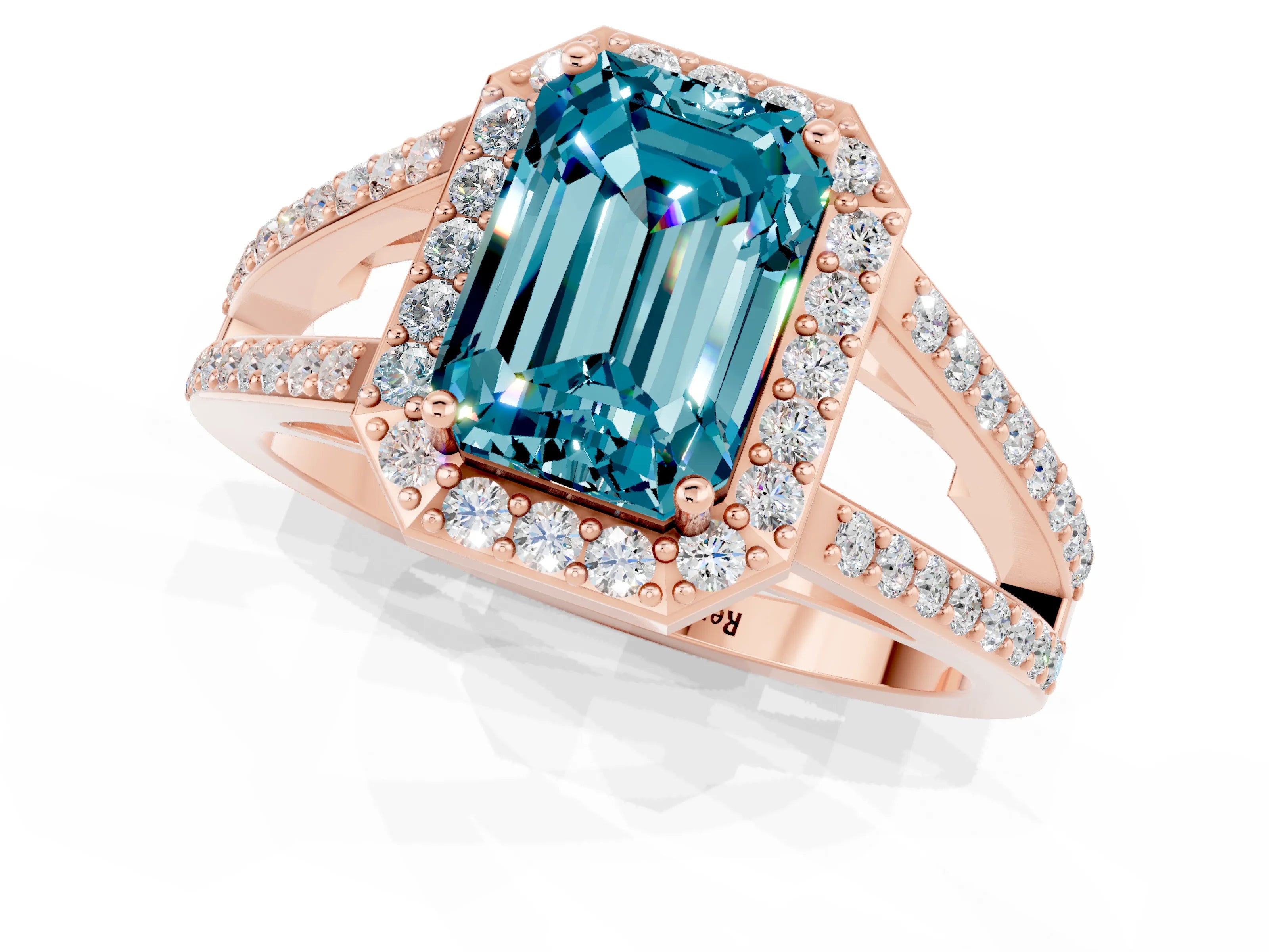 Rose gold Emerald Cut Blue Topaz Halo Ring with Split Shank U-Prong Band and Four-Prong Setting_1