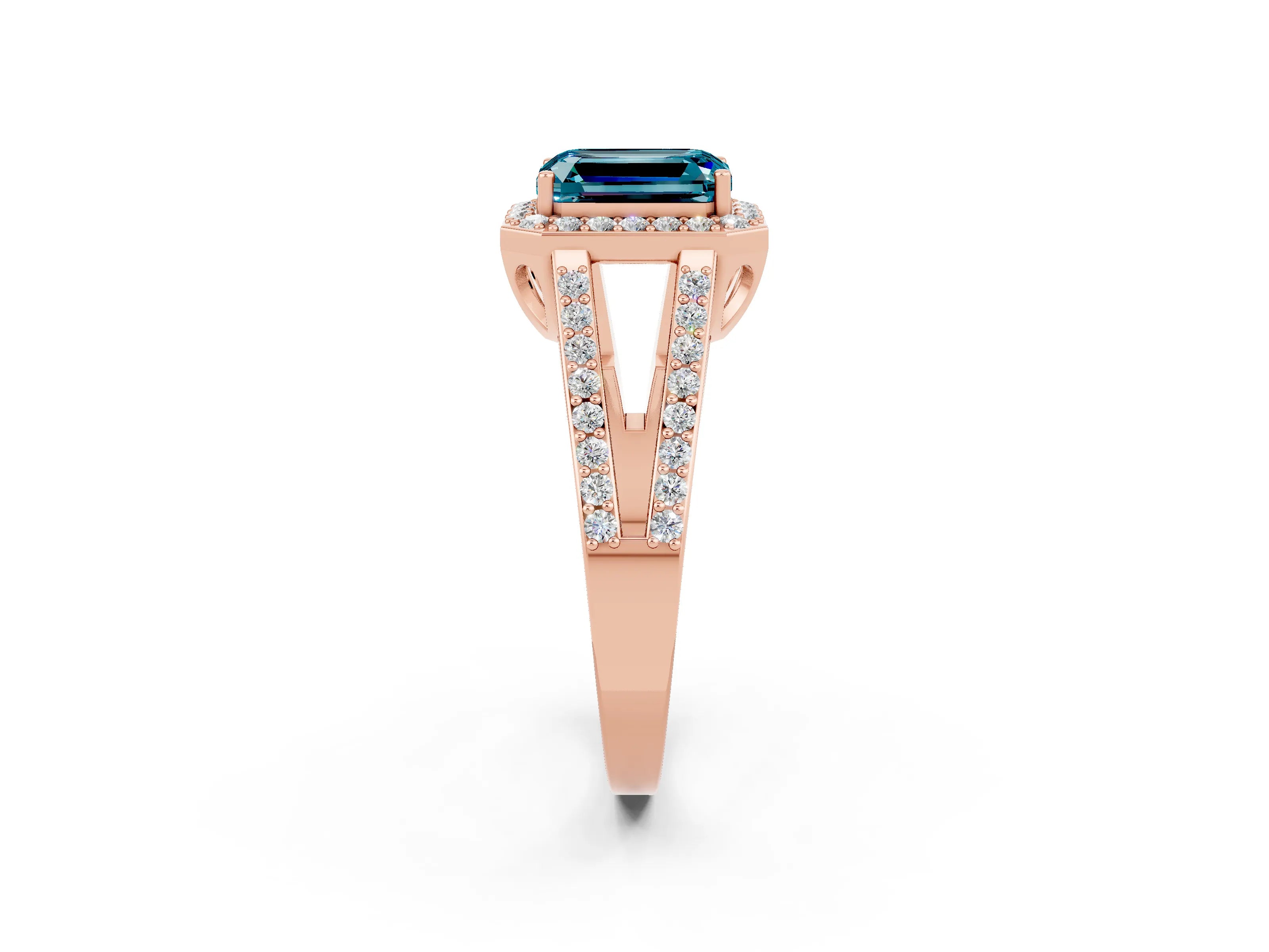 Rose gold Emerald Cut Blue Topaz Halo Ring with Split Shank U-Prong Band and Four-Prong Setting_2