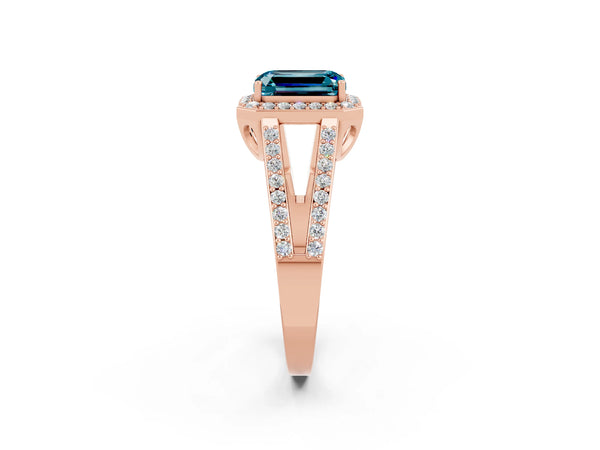 Rose gold Emerald Cut Blue Topaz Halo Ring with Split Shank U-Prong Band and Four-Prong Setting