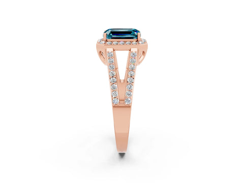 Rose gold Emerald Cut Blue Topaz Halo Ring with Split Shank U-Prong Band and Four-Prong Setting_2