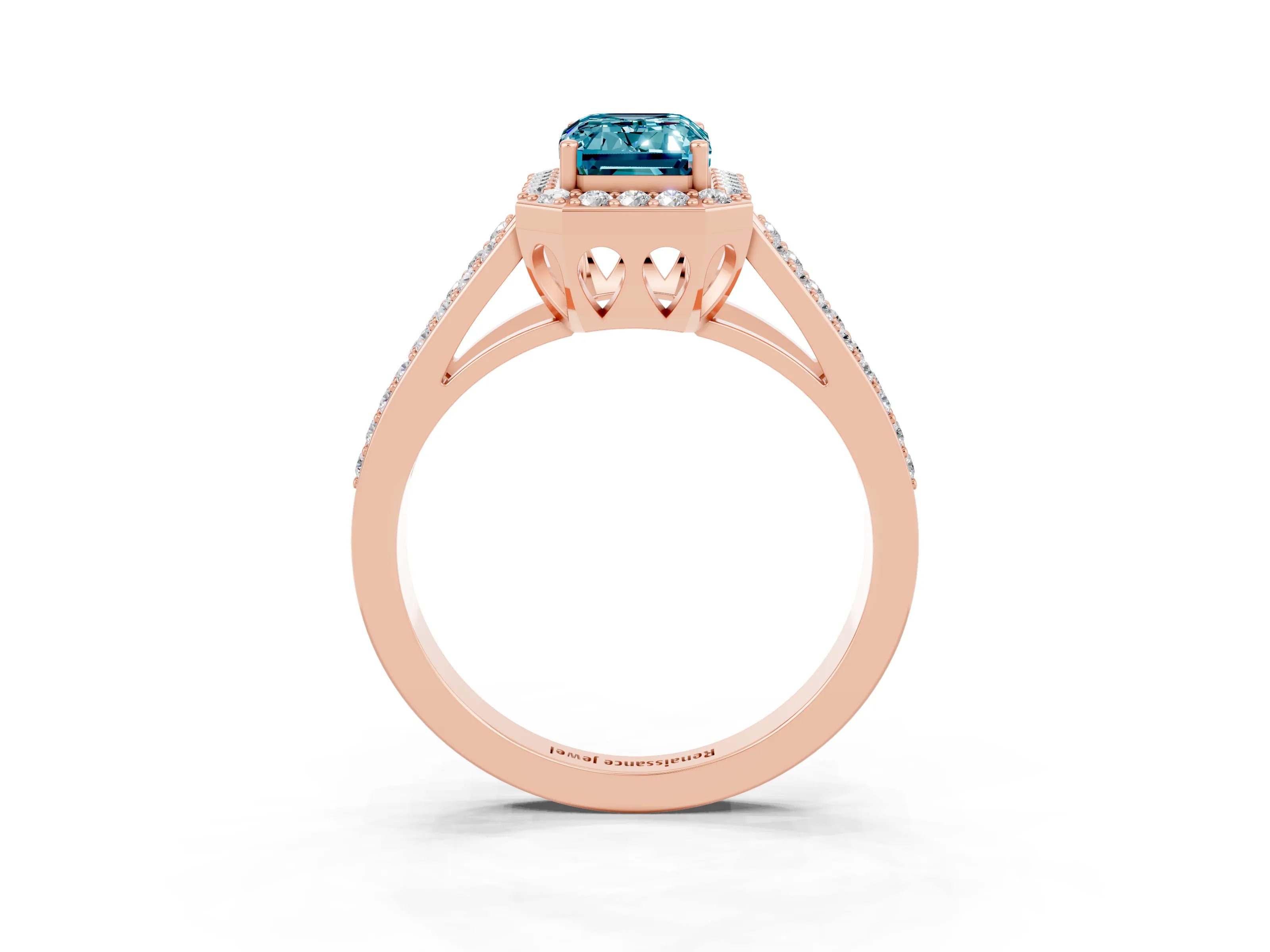 Rose gold Emerald Cut Blue Topaz Halo Ring with Split Shank U-Prong Band and Four-Prong Setting_3