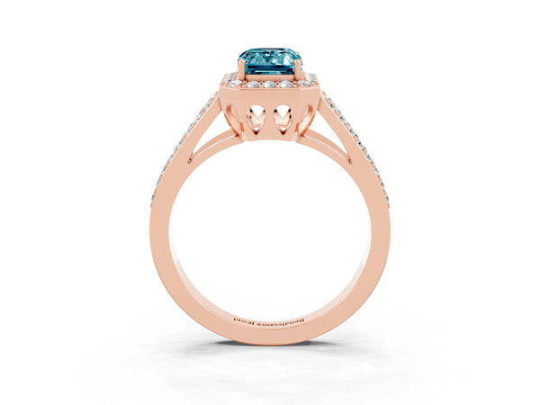 Rose gold Emerald Cut Blue Topaz Halo Ring with Split Shank U-Prong Band and Four-Prong Setting
