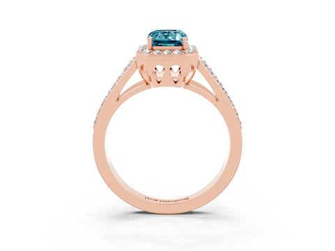 Rose gold Emerald Cut Blue Topaz Halo Ring with Split Shank U-Prong Band and Four-Prong Setting_3