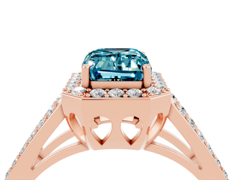 Rose gold Emerald Cut Blue Topaz Halo Ring with Split Shank U-Prong Band and Four-Prong Setting_4