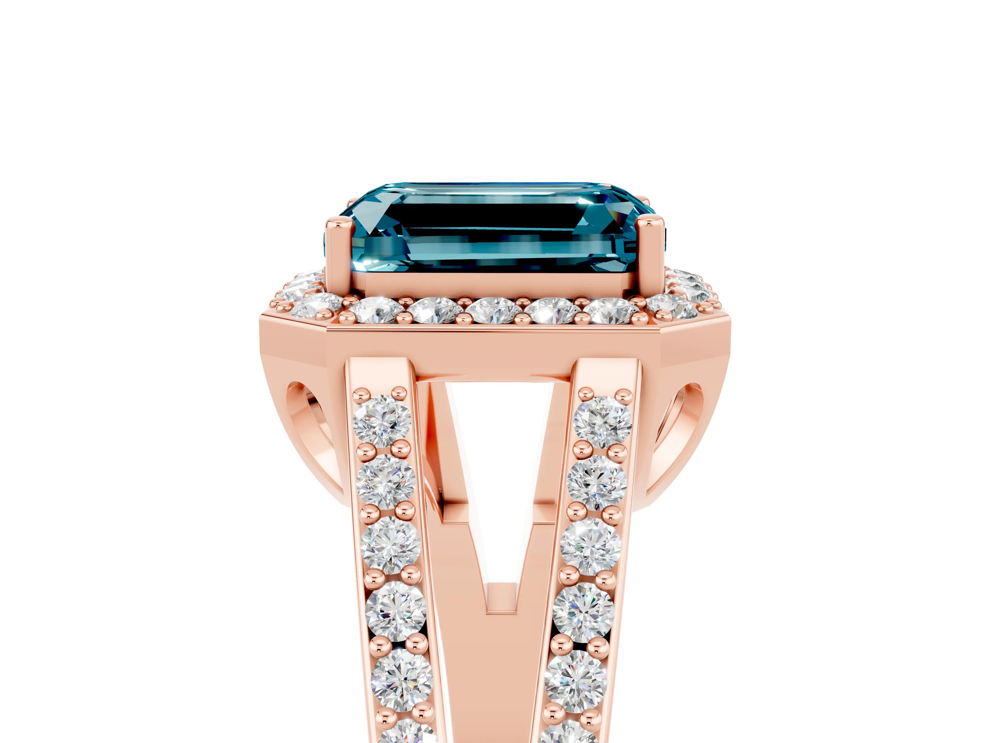 Rose gold Emerald Cut Blue Topaz Halo Ring with Split Shank U-Prong Band and Four-Prong Setting_5