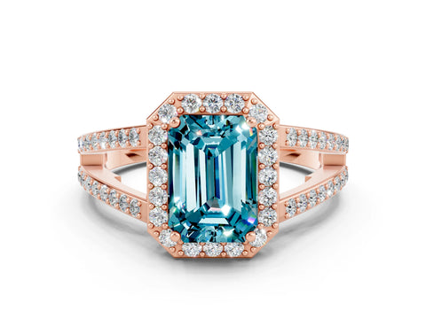 Rose gold Emerald Cut Blue Topaz Halo Ring with Split Shank U-Prong Band and Four-Prong Setting