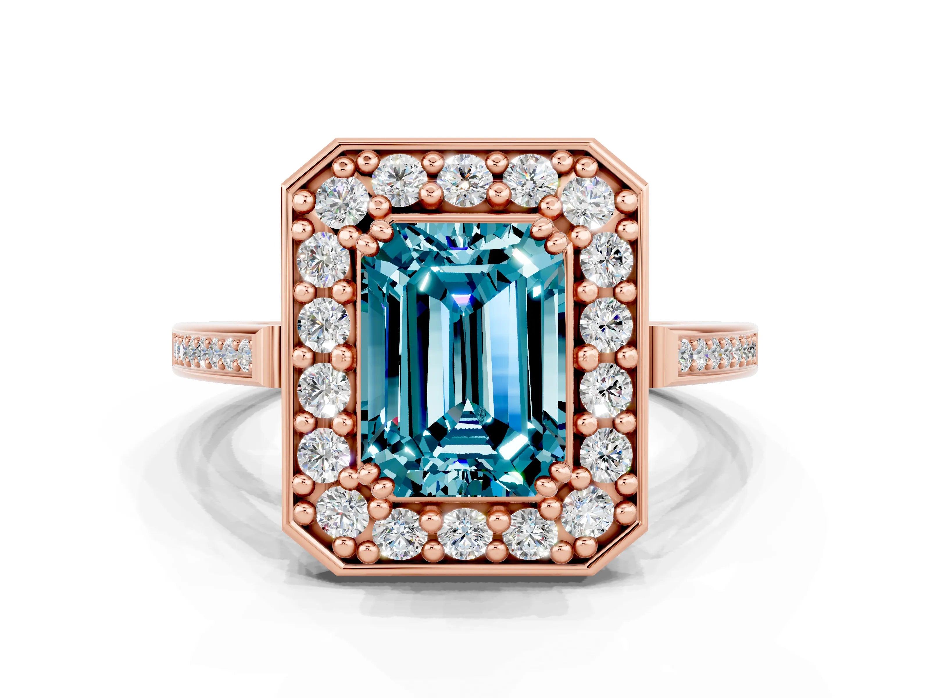 Rose gold Emerald Cut Blue Topaz Halo Ring with Split Shank and Four-Prong Setting