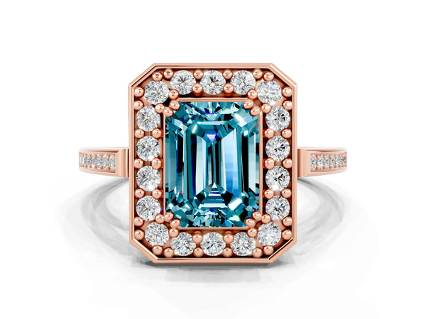 Rose gold Emerald Cut Blue Topaz Halo Ring with Split Shank and Four-Prong Setting