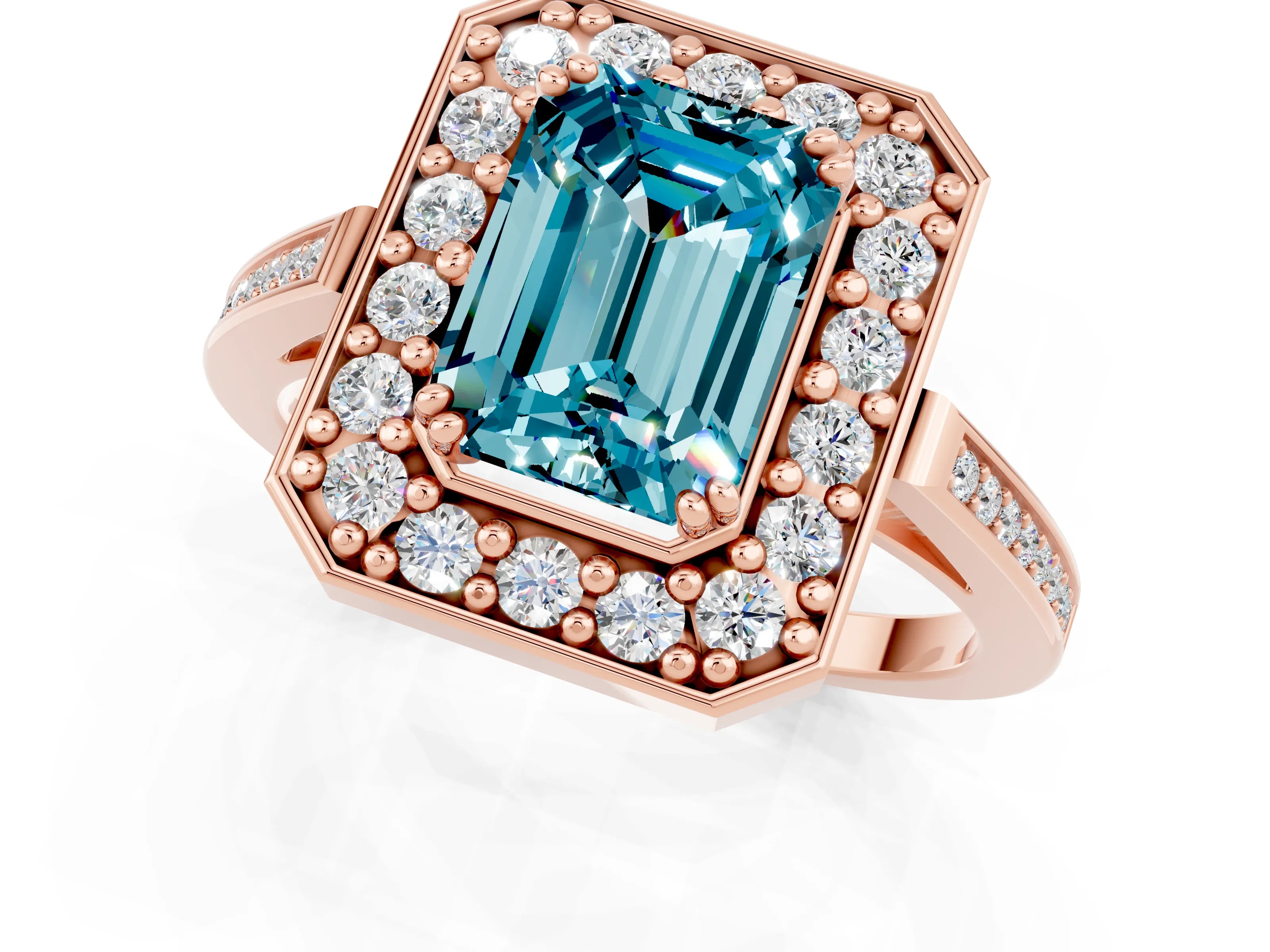 Rose gold Emerald Cut Blue Topaz Halo Ring with Split Shank and Four-Prong Setting_1