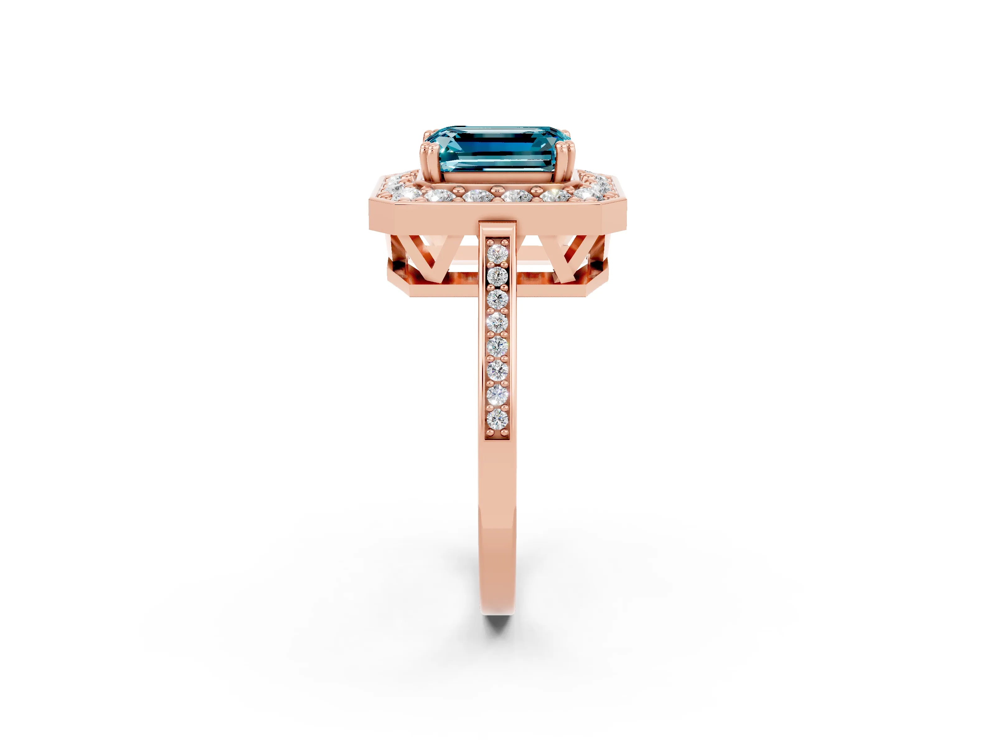 Rose gold Emerald Cut Blue Topaz Halo Ring with Split Shank and Four-Prong Setting_2