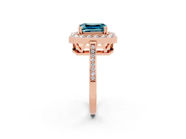 Rose gold Emerald Cut Blue Topaz Halo Ring with Split Shank and Four-Prong Setting