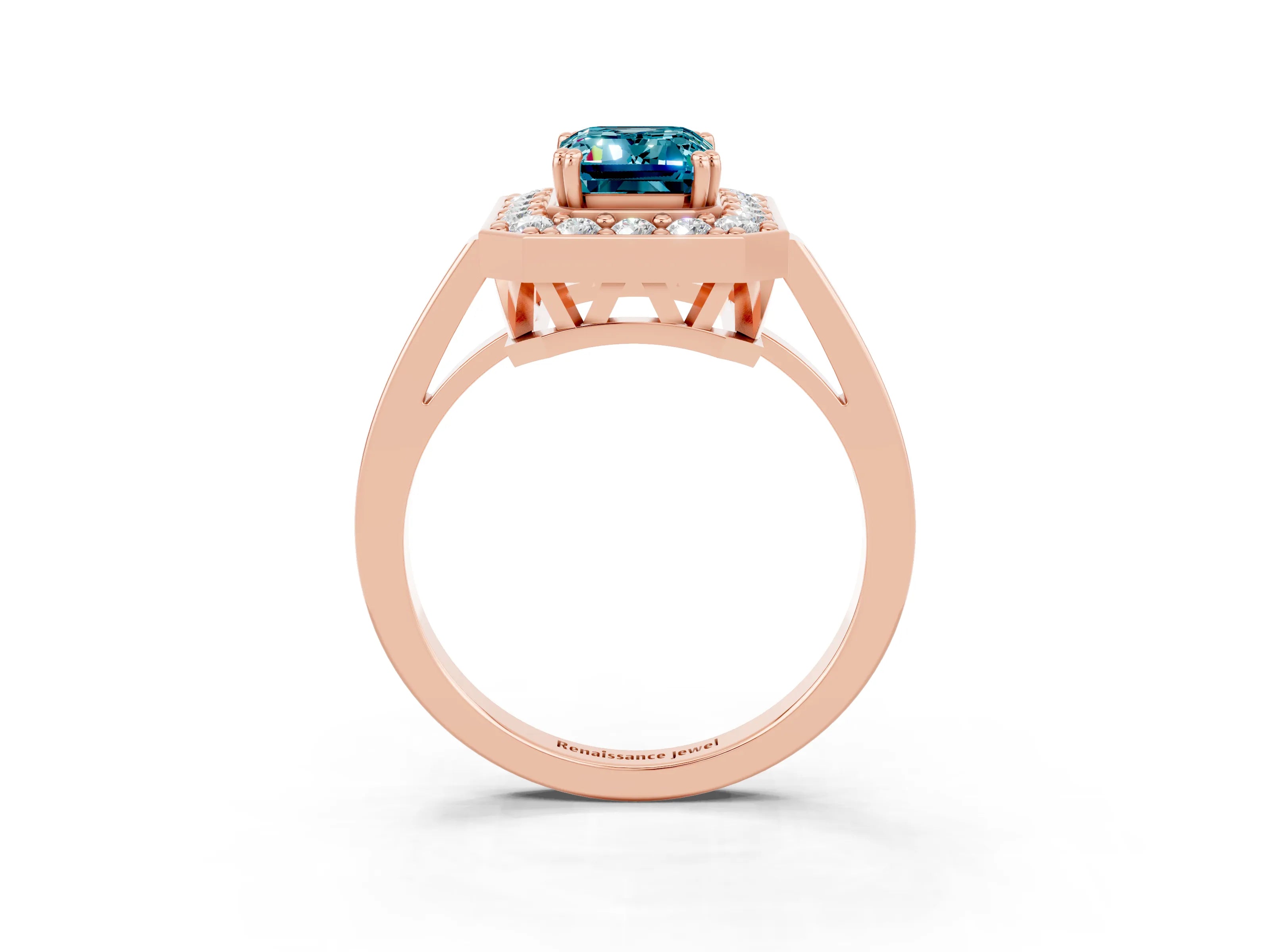 Rose gold Emerald Cut Blue Topaz Halo Ring with Split Shank and Four-Prong Setting_3
