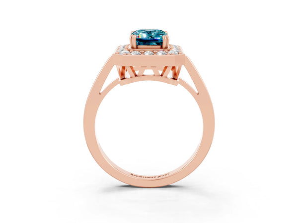 Rose gold Emerald Cut Blue Topaz Halo Ring with Split Shank and Four-Prong Setting
