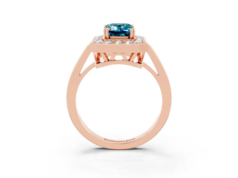 Rose gold Emerald Cut Blue Topaz Halo Ring with Split Shank and Four-Prong Setting_3