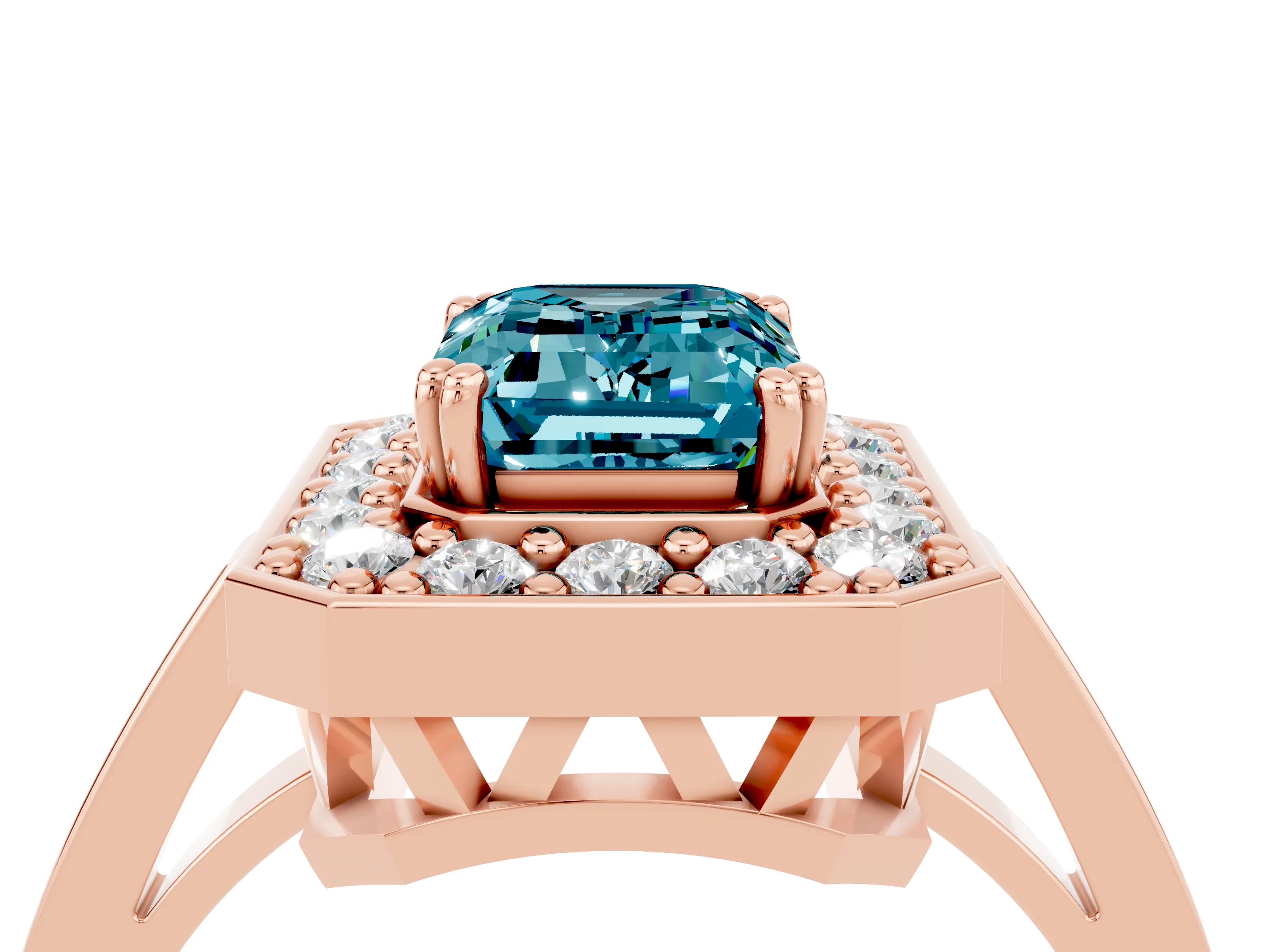 Rose gold Emerald Cut Blue Topaz Halo Ring with Split Shank and Four-Prong Setting_4