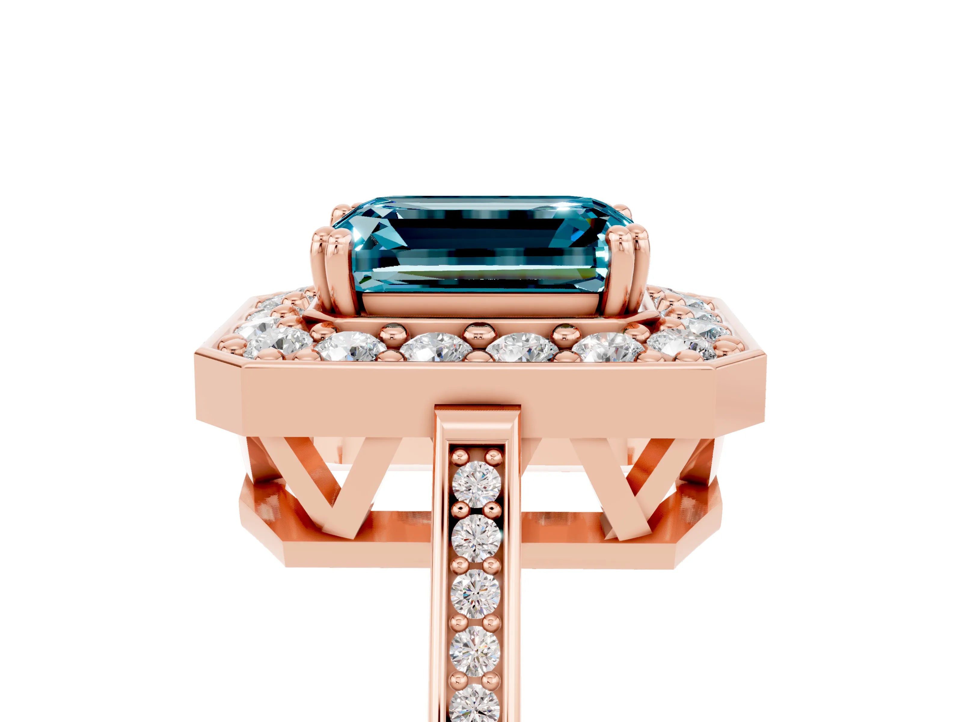 Rose gold Emerald Cut Blue Topaz Halo Ring with Split Shank and Four-Prong Setting_5