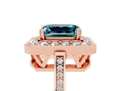 Rose gold Emerald Cut Blue Topaz Halo Ring with Split Shank and Four-Prong Setting_5