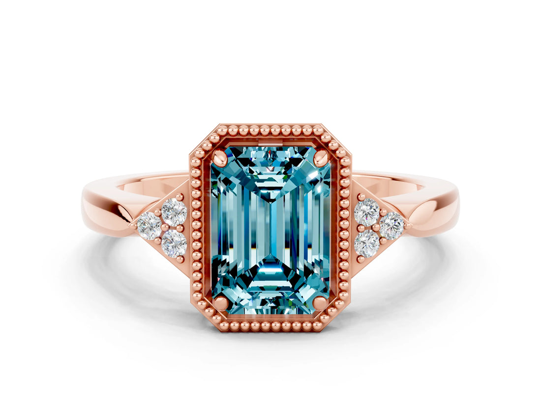 Rose gold Emerald Cut Blue Topaz Halo Ring with Tapered Band and Four-Prong Setting