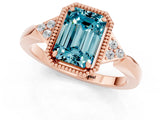 Rose gold Emerald Cut Blue Topaz Halo Ring with Tapered Band and Four-Prong Setting_1