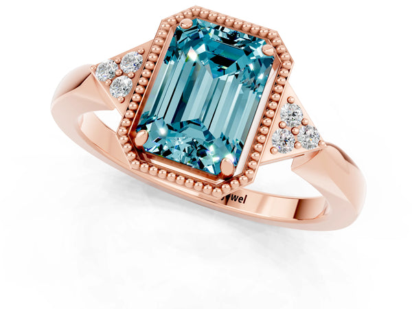 Rose gold Emerald Cut Blue Topaz Halo Ring with Tapered Band and Four-Prong Setting