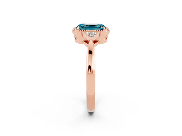 Rose gold Emerald Cut Blue Topaz Halo Ring with Tapered Band and Four-Prong Setting