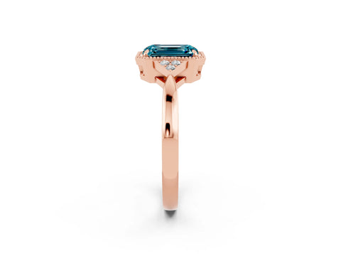 Rose gold Emerald Cut Blue Topaz Halo Ring with Tapered Band and Four-Prong Setting_2