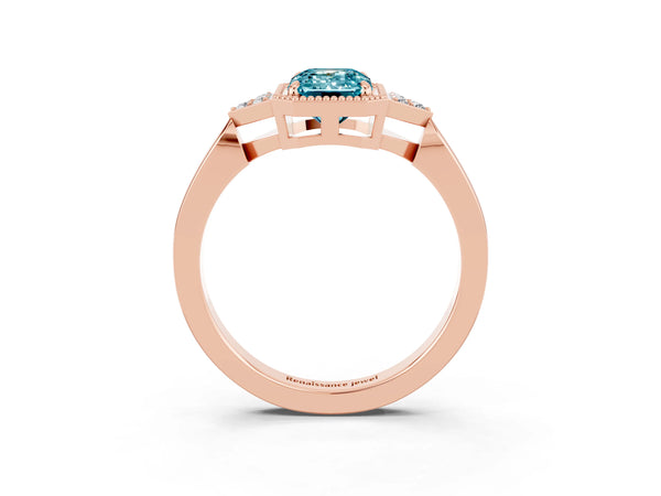 Rose gold Emerald Cut Blue Topaz Halo Ring with Tapered Band and Four-Prong Setting