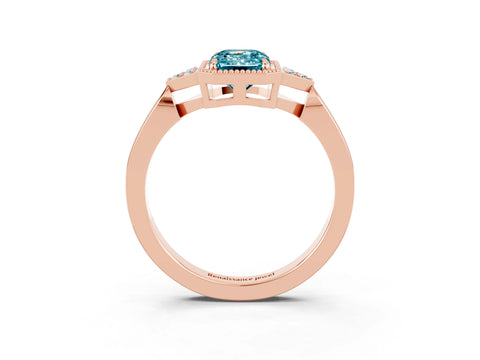 Rose gold Emerald Cut Blue Topaz Halo Ring with Tapered Band and Four-Prong Setting_3