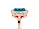Rose gold Emerald Cut Blue Topaz Halo Ring with Tapered Band and Four-Prong Setting_5
