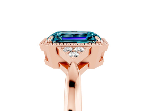 Rose gold Emerald Cut Blue Topaz Halo Ring with Tapered Band and Four-Prong Setting_5