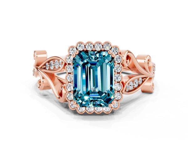 Rose gold Emerald Cut Blue Topaz Halo Ring with Vintage Split Shank and Four-Prong Setting