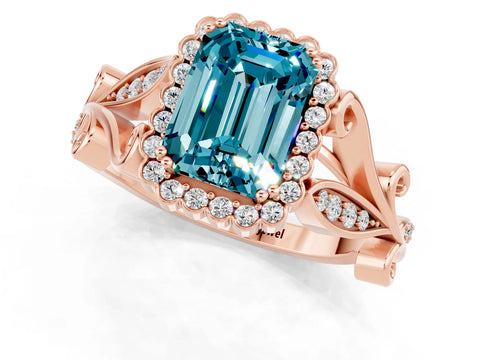 Rose gold Emerald Cut Blue Topaz Halo Ring with Vintage Split Shank and Four-Prong Setting_1