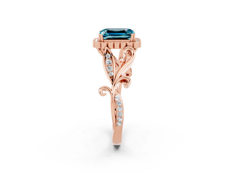 Rose gold Emerald Cut Blue Topaz Halo Ring with Vintage Split Shank and Four-Prong Setting_2