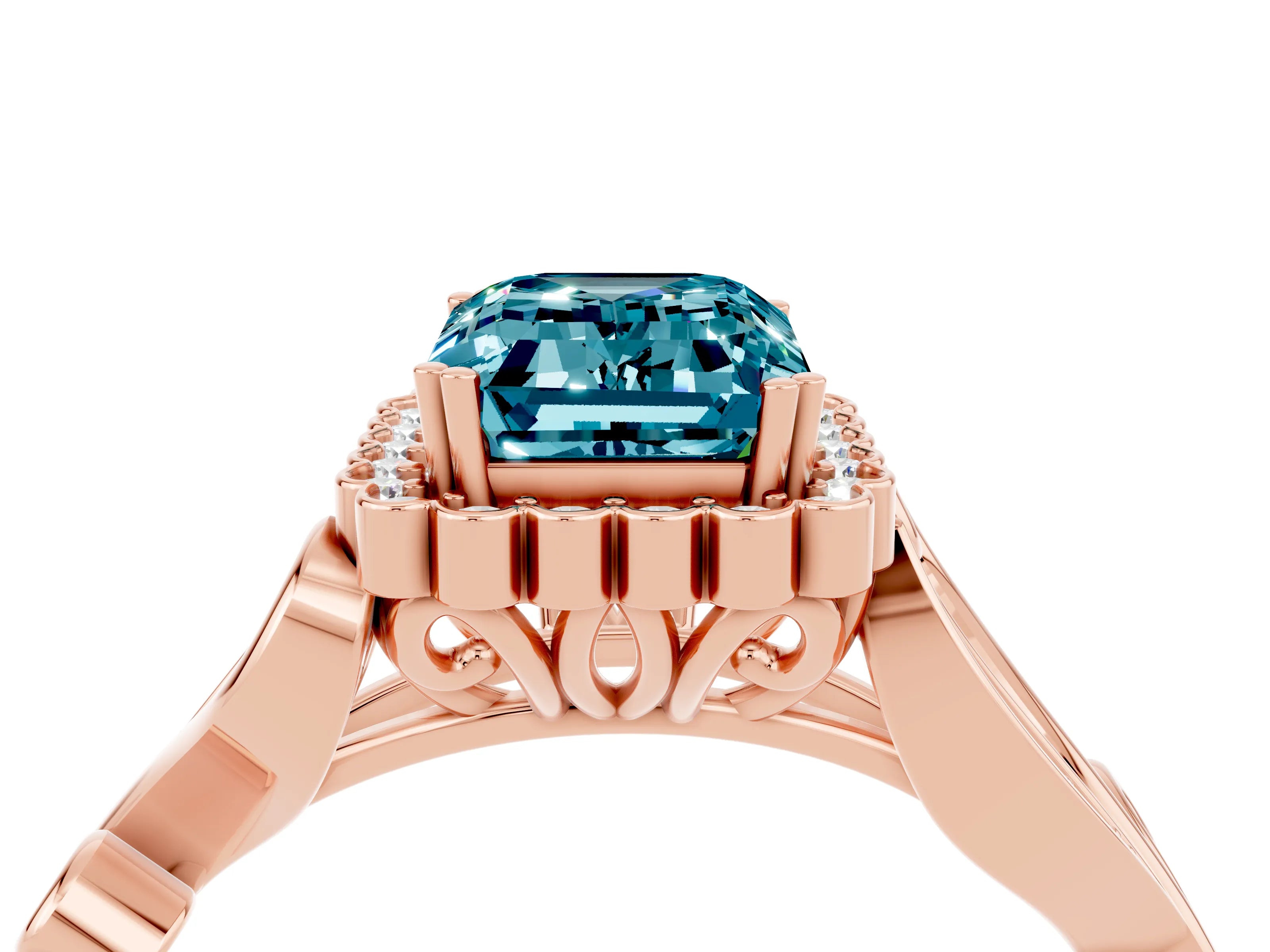 Rose gold Emerald Cut Blue Topaz Halo Ring with Vintage Split Shank and Four-Prong Setting_4