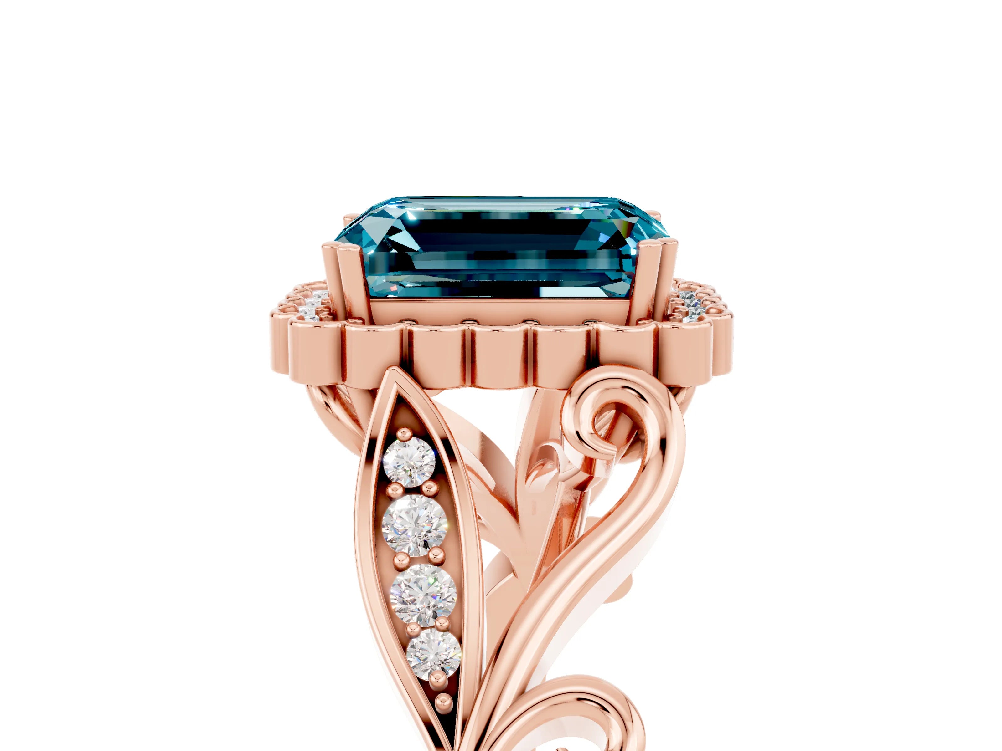 Rose gold Emerald Cut Blue Topaz Halo Ring with Vintage Split Shank and Four-Prong Setting_5