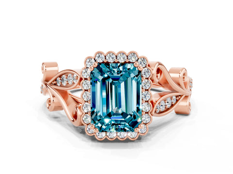 Rose gold Emerald Cut Blue Topaz Halo Ring with Vintage Split Shank and Four-Prong Setting