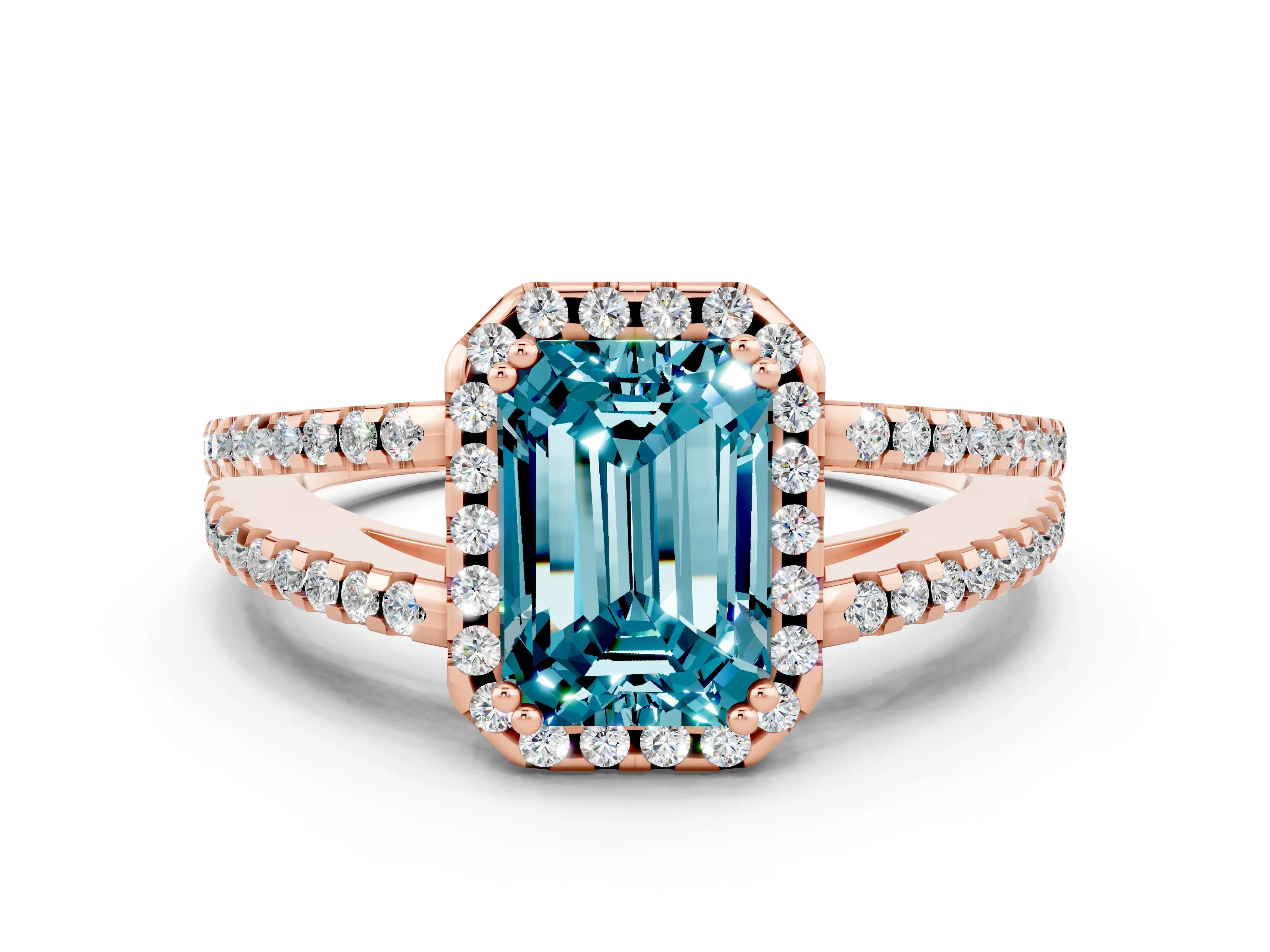 Rose gold Emerald Cut Blue Topaz Halo Split Shank Engagement Ring_12